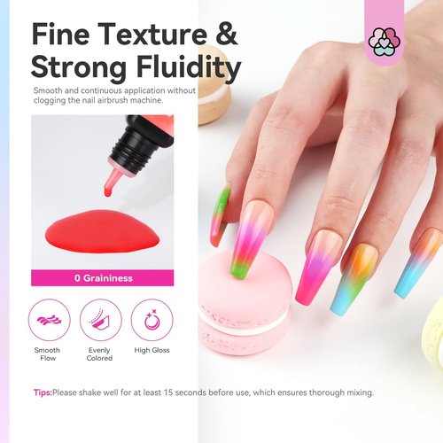 SAVILAND Airbrush Gel Nail Polish Hema-Free: Dilution-Free 12 Vitality Colors Airbrush for Nails Set Non-Acetone with Fine Mist Nail for Spray French & Ombre Nail Polish Nail Art Design Salon Kit