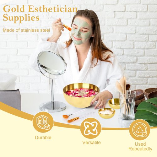 26 Gold Esthetician Supplies 3 Fan Brushes Esthetician 3 Facial Mask Mixing Bowls Large Gold Serving Bowls 3 Facial Flat Brushes Skincare Tray 3-Section Serving Tray 12 Facial Sponges 2 Spa Headbands