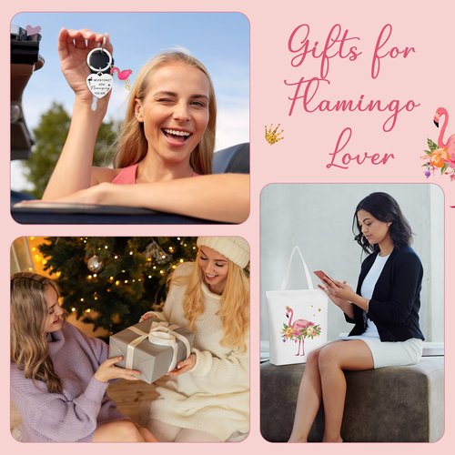 Sunnymove 5 Pcs Flamingo Gifts Set for Women Include Keychain Canvas Tote Bag Animal Lover Zipper Makeup Bag Notebook Pen for Women Flamingo Party Favors Birthday Christmas Gift