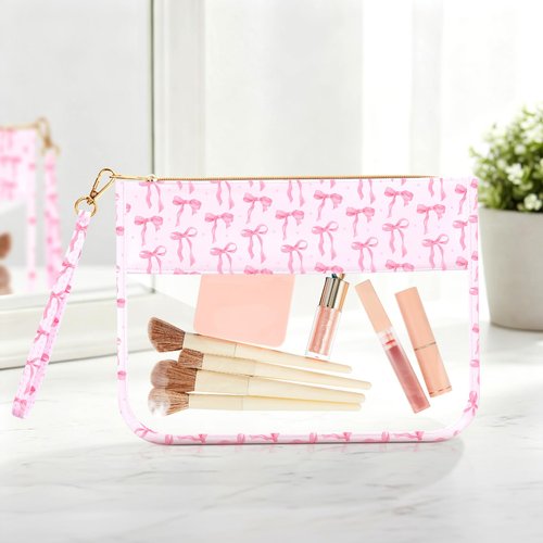 Kacctyen Pink Bow Clear Makeup Bag with Handle, Galentines Gifts for Women, Cute Coquette Zipper Cosmetic Bag Preppy Transparent Nylon Travel Organizer Portable Toiletry Pouch(Coquette)