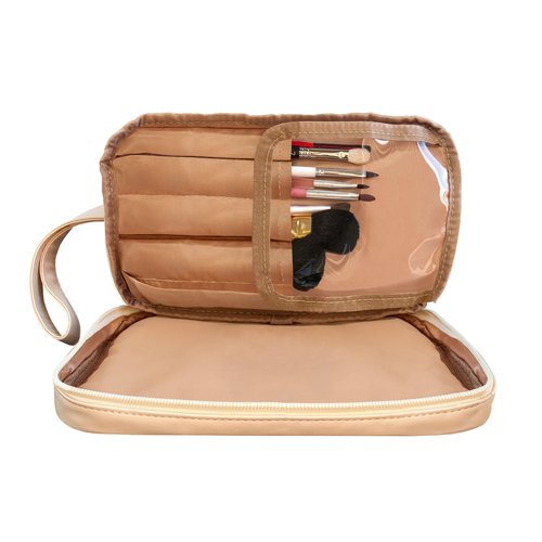 Eurow Luxe Double Layer Spacious Waterproof Cosmetic Travel Bag, PU Leather, Portable with Handle, Makeup & Toiletry Organizer, Dual Compartments for Brushes & Essentials, Cream