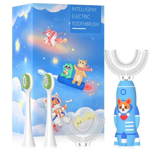ELOTAME Kids Electric Toothbrushes u Shaped - Rechargeable Rocket Toothbrush, Electric Toothbrushes for Boys Age 2-6 2 Mins Timer, 6 Modes, 4 Brush Heads.