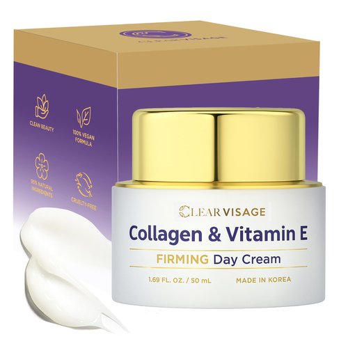 Clear Visage Collagen & Vitamin E Face Moisturizer - Dermatologist Tested, Anti Aging, Korean Skin Care - Hydrates, Strengthens Moisture Barrier, Smooth Makeup - Vegan, Clean Beauty - 1.69 Fl Oz