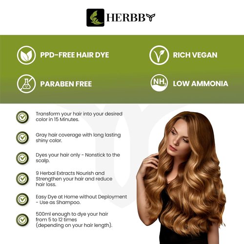 HERBBY Hair Color Shampoo - Gray Hair Coverage & Color Transformation with 9 Herbal Extracts | Long Lasting (6-8 Weeks), 500ml (Wild Honey Color)