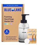 BLUELAND Hand Soap Starter Set, 1 Refillable Glass Foaming Hand Soap Dispenser in Slate with 4 Refill Tablets, Variety Scents, 4 x 9 Fl oz