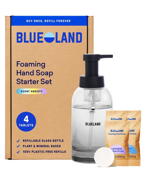 BLUELAND Hand Soap Starter Set, 1 Refillable Glass Foaming Hand Soap Dispenser in Slate with 4 Refill Tablets, Variety Scents, 4 x 9 Fl oz