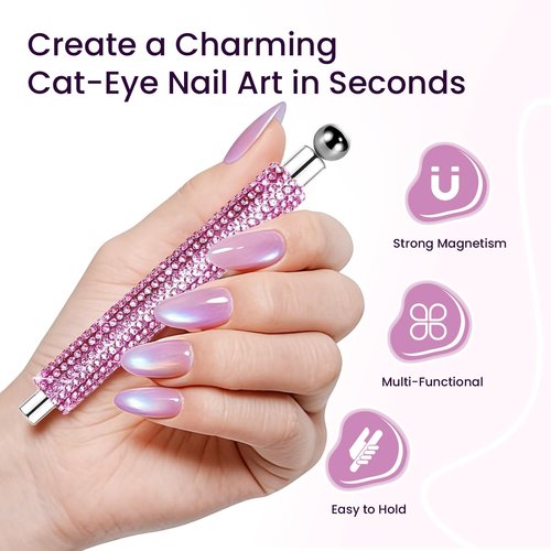 JODSONE 3-in-1 Cat Eye Magnet for Nails, Rhinestone Handle Round & Ball Magnet Tool, Strong Magnet for Cat Eye Gel Polish Nail Art DIY Salon