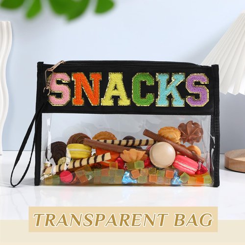 Remerry Clear Chenille Letter Makeup Bag Stand up Snack Bags Preppy Cosmetic Pouch Expandable Clear Travel with Wrist Strap Zipper Portable Multipurpose PVC Nylon for Women Travel(Black,Snack)
