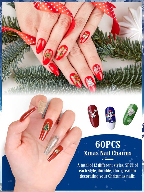 60PCS Christmas Nails Charms, Lorvain 3D Xmas Alloy Charms for Nails Snowflake Christmas Tree Nail Rhinestones Elk Santa Metal Nail Art Diamond Gems for Christmas Nail Art Decoration