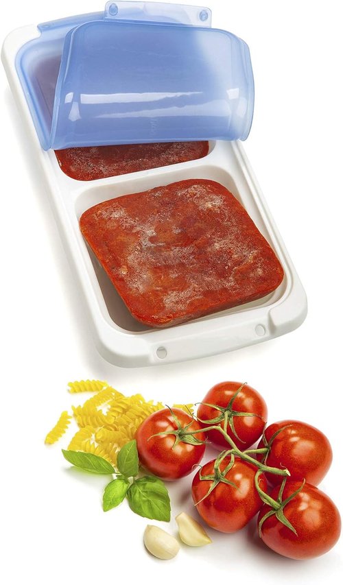 PrepWorks 1-Cup Dishwasher Safe Food Storage Pod Tray - 4 Serving Silicone Lid, Blue & White
