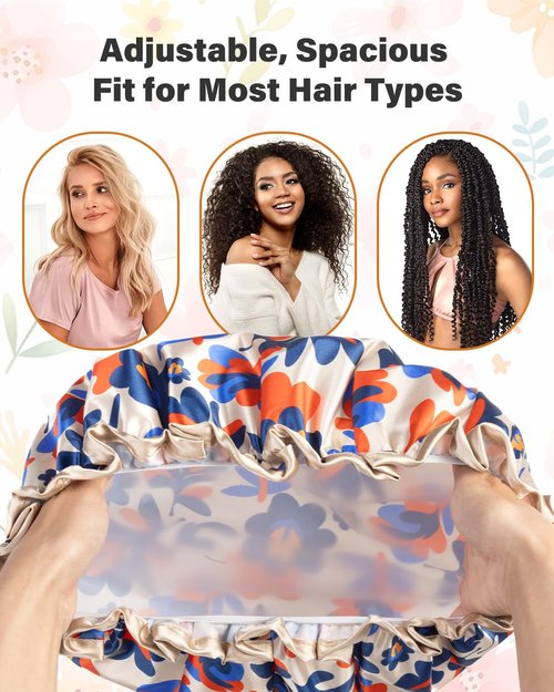 mikimini Reusable Showe Cap for Women Waterproof, Large Shower Caps with Elastic Band & Double Layers - Adjustable Shower Bonnet for Long Hair, Braids, Bold Abstract Print Hair Cap