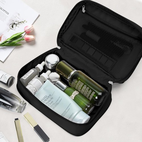 Travel Cosmetic Bag Women Portable Makeup Case Organizer Wide-open Toiletry Pouch for Cosmetics Toiletries (Black)