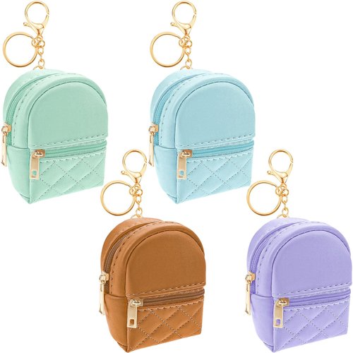 Aswewamt 4 Pcs Mini Backpack Cosmetic Bag Keychain PU Leather Lipstick Holder Cute Case Coin Purse Wallet Card Holder Data Cable Organizer Zipper Pouch for Women (Blue+Brown+Green+Purple)