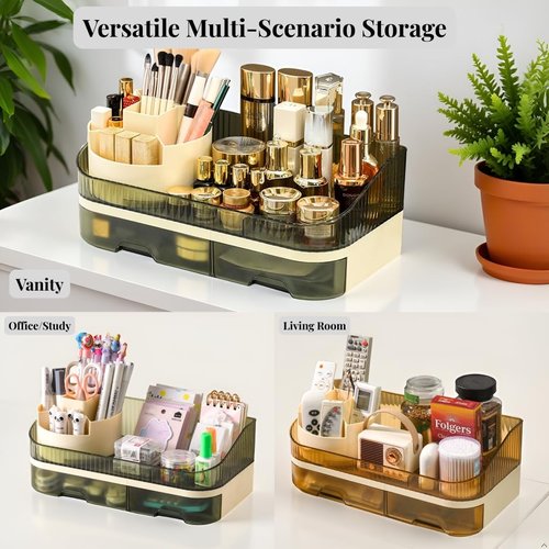 Tidyladyo Makeup Organizer with Dual Drawers - Large Capacity Countertop Cosmetic Storage for Skincare Vanity Bathroom