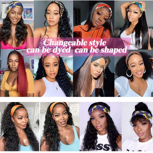 Celiarita Deep Wave Headband Wig Human Hair 12inch None Lace Front Wigs Brazilian Virgin Hair Machine Made Wigs Glueless Deep Curly Wave Headband Half Wigs for Black Women Human Hair Natural Color