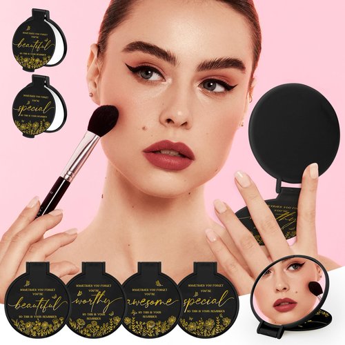 HSDSH 100 Pcs Inspirational Compact Mirror Bulk Small Pocket Mirror Purse Round Portable Folding Makeup Mirror Thanksgiving for Women Coworker Employee Teacher(Black)