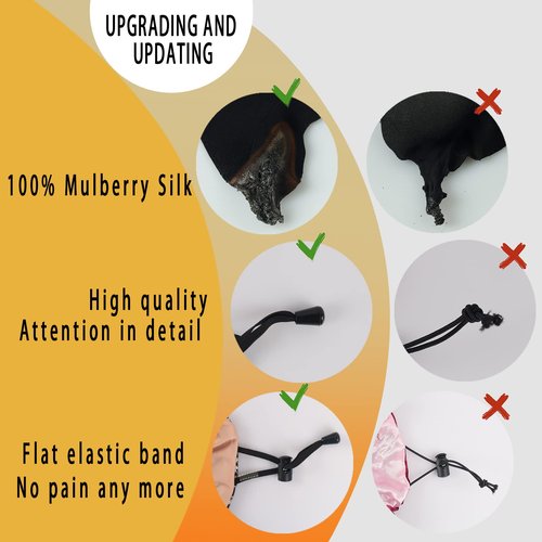 RedJoe 22 Momme 100% Mulberry Silk Bonnet Hair Wrap for Sleeping, Adjustable Silk Scrunchies Sleep Cap for Women Men Hair Care, Head Scarf Night Caps with Elastic Stay On Head, 1Pc(Black,Black)