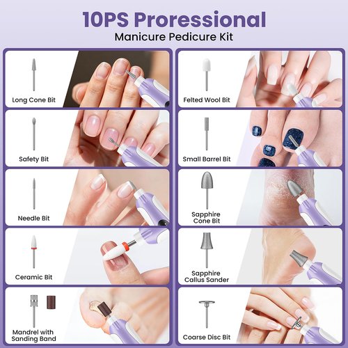Nail Drill, Electric Nail File & 10-Speed Cordless Nail File, 10 in 1 Kit for Thick Toenails, 2000mAh Rechargeable Portable Manicure Pedicure Kit with LED Display Ideal Gift for Men & Women(Purple)