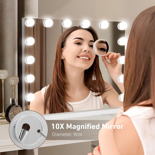 Hollywood Vanity Mirror with Lights, Lighted Makeup Mirror with 10X Magnification, Vanity Makeup Mirrors with Lights, USB Charging Port Touch Control, 14 LED Bulbs 3 Lighting Modes