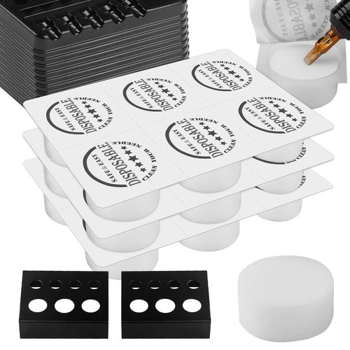 RHEIN 18 Tattoo Dip Foam Cup 2 Ink Cup Holders 12 Ink Tray Cleaning Needles Tip Tattoo Cleaning Supplies Disposable Professional