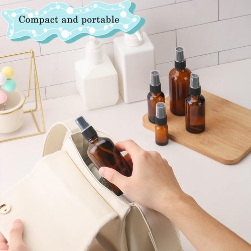 RAMFIYN 24 pack 1oz Spray Bottle Amber Glass Travel Atomizer for Perfume Essential Oils TSA Approved Refillable Small Sprayer with Labels and Dispensing Tools