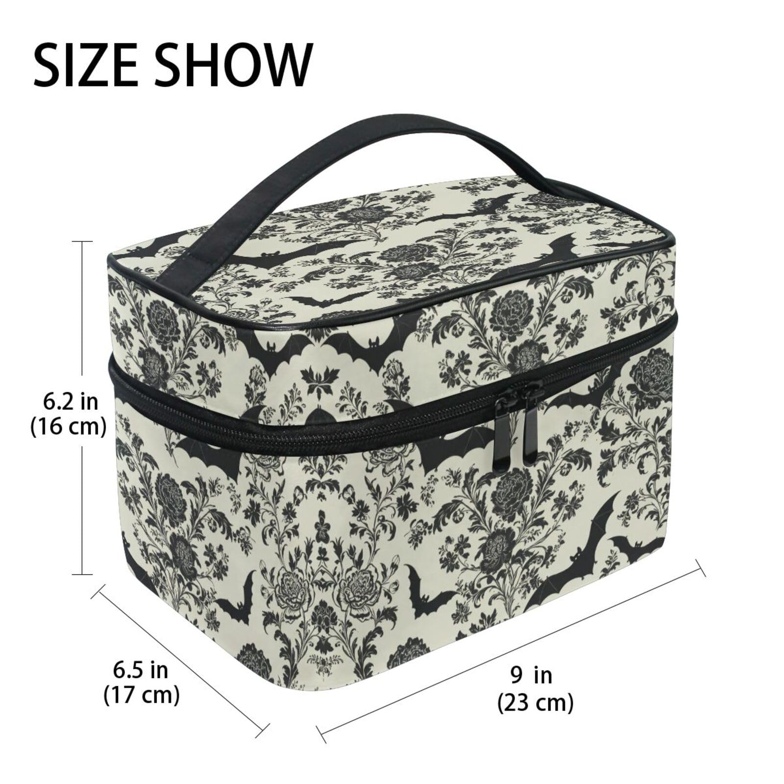 ZOEO Makeup Train Case Bat Retro Flower Korean Carrying Portable Zip Travel Cosmetic Brush Bag Organizer Large for Girls Women