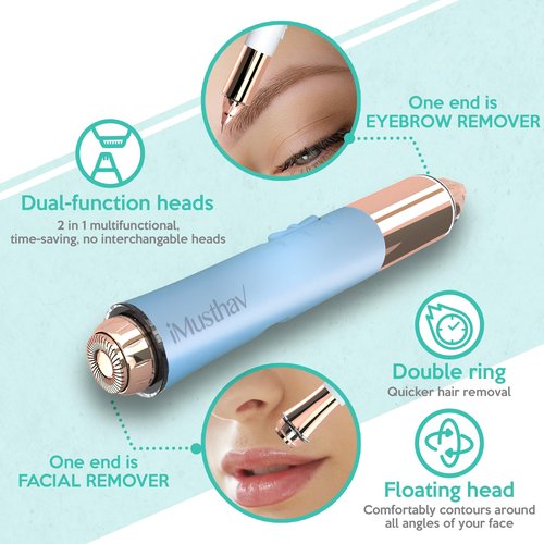 iMusthav 2 in 1 Flawless Eyebrow and Facial Hair Remover for Women Painless Electric Razor Epilator Trimmer Shaver with 18K Gold-Plated, USB Rechargeable, 360° LED for Eyebrow and Face Hair Removal