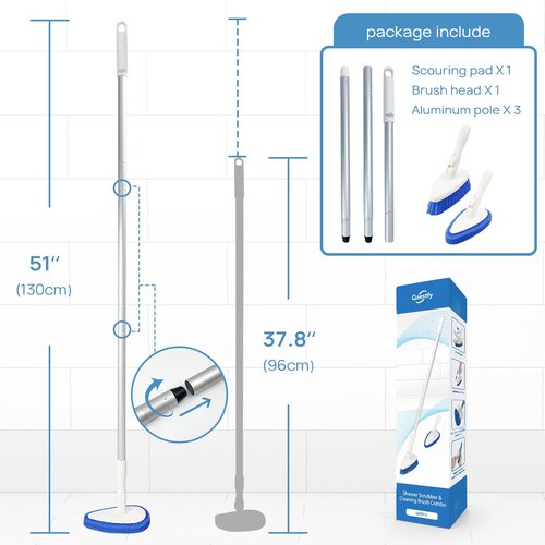 Qaestfy Shower Scrubber Cleaning Brush Combo Bath Tub Tile Cleaner Scrubber Brush with 51'' Adjustable Long Handle Scrub Brush for Bathroom Shower Bathtub Wall Mop Cleaning Scrubbing