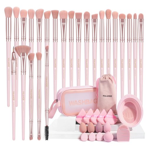MAANGE Eye Makeup Brushes, 41 Pcs Premium Synthetic Precision Makeup Brush Set Contour Blush Eyeshadow Eyeliner Blending Make Up Brush Kit (Pink, 41 Piece Set)