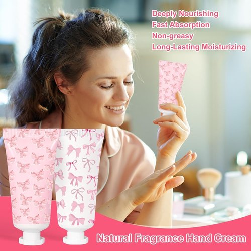 50 Pcs Pink Bow Hand Cream Gifts Bow Hand Cream Bulk Bachelorette Figure Hydrating and Soothing Hand Lotion for Bachelorette Wedding Birthday Baby Shower Valentine's Day Mother's Day Party