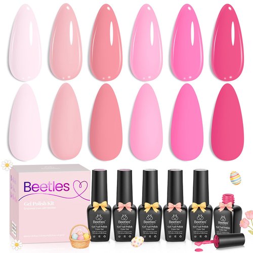 Beetles Spring Gel Polish Set - Pink Melody 6 Colors Gel Polish Set, Nude Light Baby Hot Pink Colors Spring Nails, Salon Long Lasting Soak Off UV LED Easter Nails Lamp Gifts for Her