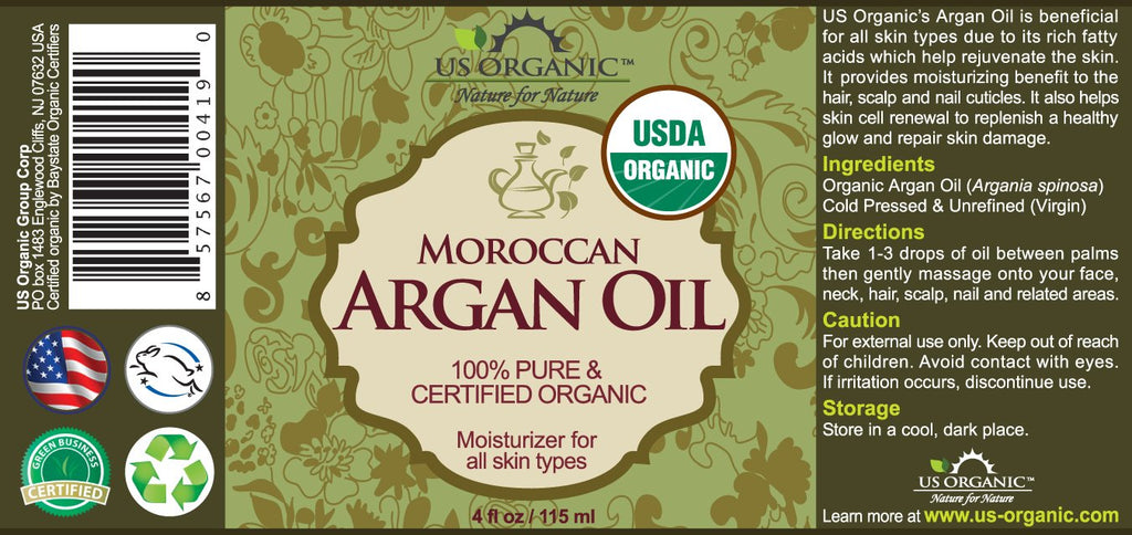 US Organic Moroccan Argan Oil - 100% Pure Cold-Pressed Virgin Oil for Hair, Skin & Nails | 4 oz Amber Bottle