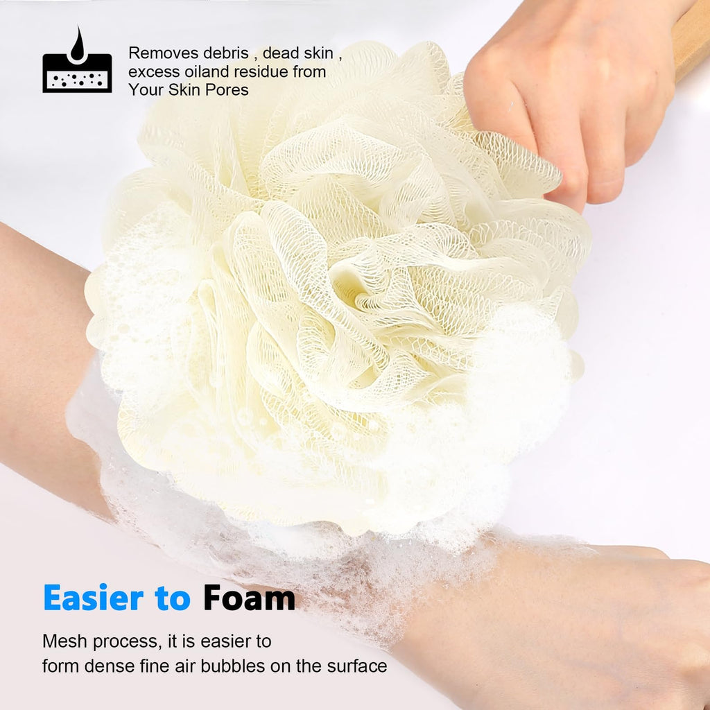 White Loofah on a Stick PE Soft Mesh Luffa Made of Soft and Sturdy Rubber Material Back Scrubber for Shower for Women and Men with String for Easy Hanging