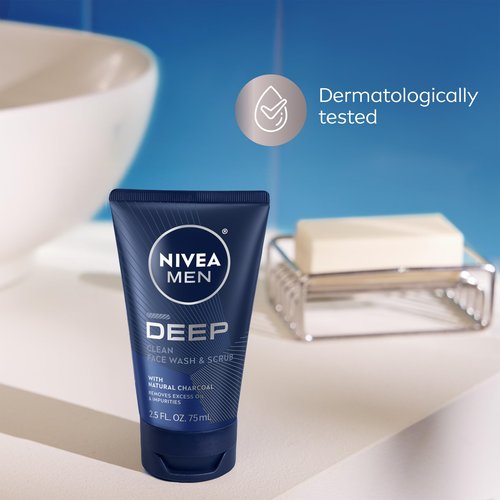 NIVEA MEN Deep Clean Face Wash and Scrub with Natural Charcoal, Exfoliating Face Wash for Men Removes Excess Oil, Dirt and Impurities, Beard Friendly Skin Care, 2.5 Fl Oz Tube, Pack of 3