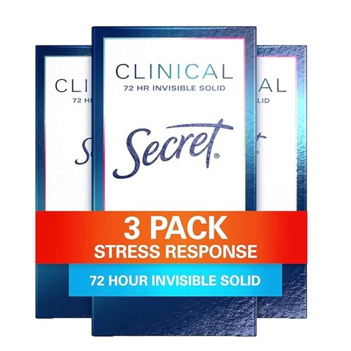 Secret Clinical Strength Antiperspirant Deodorant for Women, Stress Response, 100hr Sweat & Odor Protection, 3X Stress Protection with Hyaluronic Acid, PH Balanced, Invisible Solid, 1.6 oz (Pack of 3)