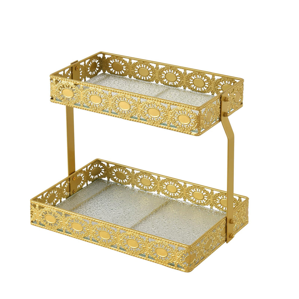xiaojuande-Two Layer Glass Storage Tray with Portable Dressing Table Skin Care Product Organization Rack Corner Storage Rack for Bathroom Counter High-end Light Luxury Display Plate - Gold (Gold)