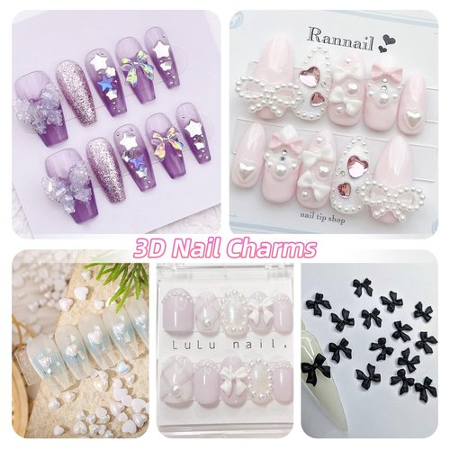 3D Assorted Nail Charms Gems, Bow Bowknot Butterfly Flower Acrylic Nail Art Charms, Half Round Nail Pearl and Rhinetones Charms for DIY Nail Art Accessories