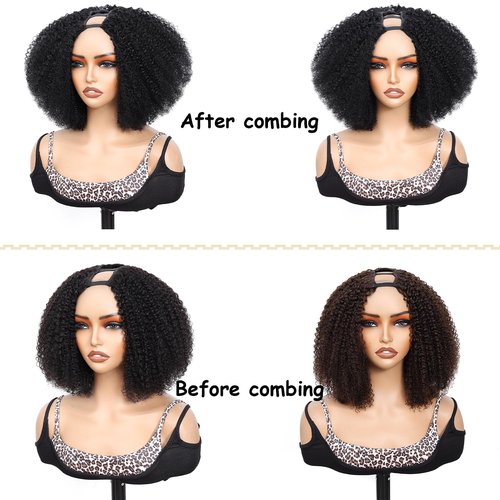 MPS Kinky Curly Human Hair Wigs for Black Women Afro Curly Human Hair 180% Density 12 Inch Full Head Clip in U Part Wigs Human Hair Pre Plucked U Shape Wigs (Natural Black)