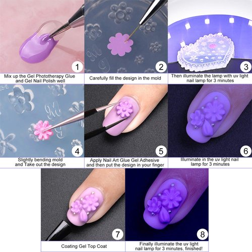 Konsait 5 Pack 3D Nail Art Mold Silicone assorted Nail Art Cabochon Decortive Mold Nail Art Making Tools Silicone Carved Mold Template Mould Kit