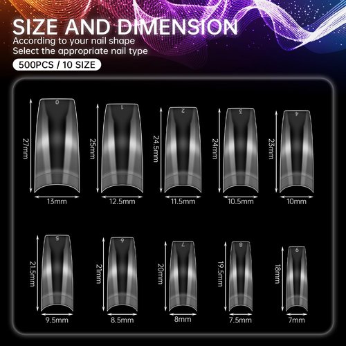 INENK Clear Coffin C Curved Nail Tips, Short Coffin Half Cover Fake Nail Tips for Acrylic Nails Professional Dip Powder Nail Salons and DIY Nail Art 80 90s(500PCS 10SIZES)