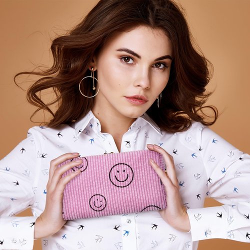 Photect 3 Pcs Corduroy Cosmetic Bag Smile Face Aesthetic Preppy Pencil Pouch Purse Travel Beauty Makeup Bags for School Christmas Women Holiday Organizer Gifts(Classic,Pink, Yellow, Green)