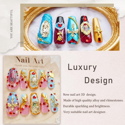 65pcs Virgin Mary Cross Gold Nail Charms 3D Heart Angel Rose Flower Alloy Rhinestones for Acrylic Nail Art Religious San Judas Nail Stickers Chains Gems Jewels Manicure Decoration Supplies DIY