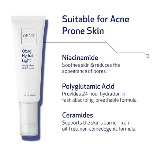Obagi Hydrate Light Oil-Free Moisturizer - Fast-Absorbing Gel for Acne-Prone Skin | Hypoallergenic with Niacinamide & Ceramides