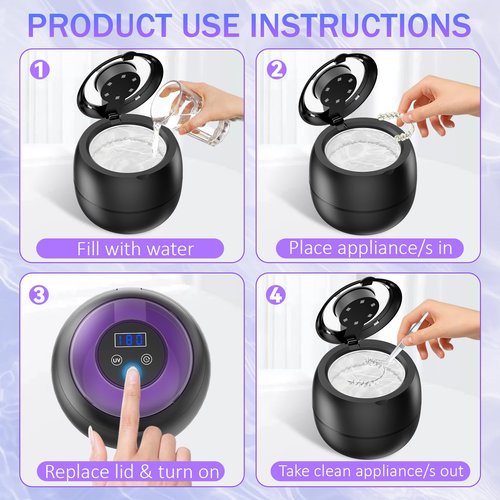 45kHz 210ml Ultrasonic Dental Cleaner For Aligners, Night Guards, Dentures, Mouth Guards, Braces, Toothbrush Heads & Jewelry, 4 Modes Digital Timer Retainer Cleaner Machine (BLACK)