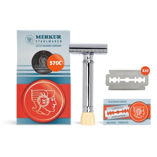 MERKUR 570 Shaving Set with 500C Adjustable Safety Razor, Short Handle, 10 Super Platinum Double Edge Blades & Protective Case, Precision Germany Design