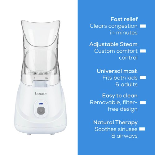 Beurer SI31 Steam Inhaler for Drug-Free Cough & Cold Sinus Relief, Naturally Soothes Nasal & Throat Passages, with Universal Mask & Variable Steam Control, FSA/HSA Eligible