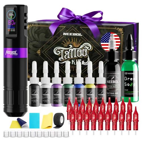Tattoo Kit for Beginners Complete Set, Neebol Wireless Tattoo Gun Kit with LED Display, 20Pcs Tattoo Cartridge Needles, 8Pcs Premium Inks, F7