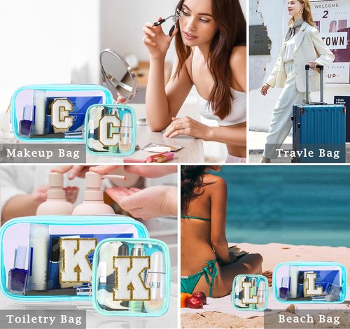 2pcs Personalized Initial Letter Clear Makeup Bag | Waterproof Nylon Preppy Cosmetic Bag | Travel Toiletry Bag | Monogrammed Gifts for Women Girl | Wedding Bridal Shower Gifts for Bridesmaids(Blue R)