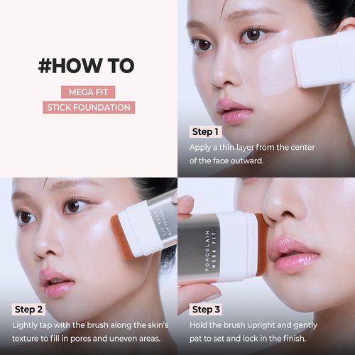 CHOSUNGAH BEAUTY Mega Fit Stick Foundation with Built-in Brush-Full Coverage Creamy Formula for Porcelain Skin Finish, Hydrating&Long Lasting, Master Porcelain, Shade 21, 0.56 oz (01N Beige)