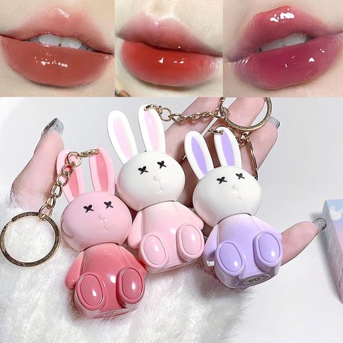 Skiennix 3Pcs Rabbit Keychain Jelly Lip Glaze - Moisturizing 2-in-1 Lip Glow Gel & Sparkling Lip Gloss Set